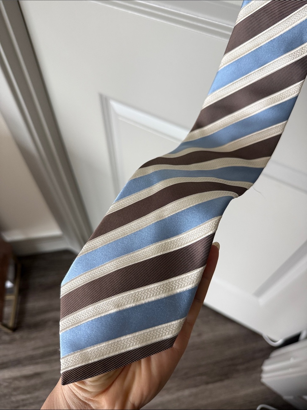Men's Light Blue, Brown & Cream Striped Silk Tie